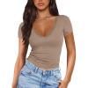 imageImily Bela Womens Sexy V Neck T Shirts Summer Lace Short Sleeve Slim Fit Y2k Going Out Crop TopsKhaki