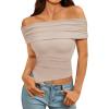imageImily Bela Womens Summer Off The Shoulder Tops Casual Asymmetrical Slim Fit Y2K Going Out Cropped ShirtsApricot