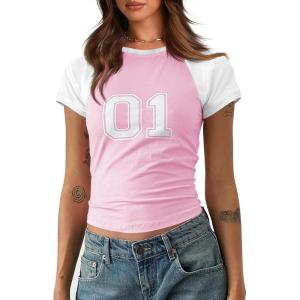 imageImily Bela Cute Baby Tees Back to School Short Sleeve T Shirts Graphic Number Print Summer Crop Tops for Women 2025Pink