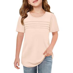 imageImily Bela Girls Pleated Short Sleeve T Shirts Kids Summer Crewneck Shirts Casual Tops Tees 514 YearsBeige
