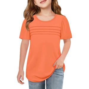 imageImily Bela Girls Pleated Short Sleeve T Shirts Kids Summer Crewneck Shirts Casual Tops Tees 514 YearsOrange