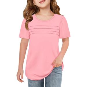 imageImily Bela Girls Pleated Short Sleeve T Shirts Kids Summer Crewneck Shirts Casual Tops Tees 514 YearsPink