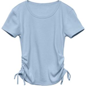 imageImily Bela Girls Tees Shirts Cute Crew Neck Short Sleeve Side Drawstring Solid Tops Kids Children Summer ClothesLight Blue