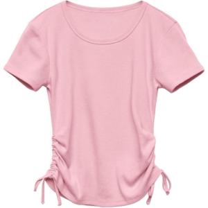 imageImily Bela Girls Tees Shirts Cute Crew Neck Short Sleeve Side Drawstring Solid Tops Kids Children Summer ClothesLight Pink
