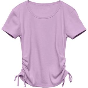 imageImily Bela Girls Tees Shirts Cute Crew Neck Short Sleeve Side Drawstring Solid Tops Kids Children Summer ClothesPurple