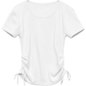 imageImily Bela Girls Tees Shirts Cute Crew Neck Short Sleeve Side Drawstring Solid Tops Kids Children Summer ClothesWhite