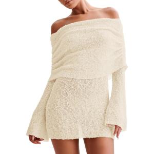 imageImily Bela Womens Beach Swimsuit Cover Ups Summer Off The Shoulder Long Bell Sleeve Sheer Mini DressBeige