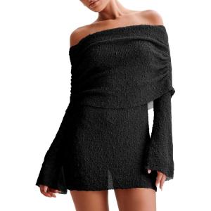 imageImily Bela Womens Beach Swimsuit Cover Ups Summer Off The Shoulder Long Bell Sleeve Sheer Mini DressBlack