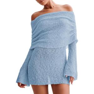 imageImily Bela Womens Beach Swimsuit Cover Ups Summer Off The Shoulder Long Bell Sleeve Sheer Mini DressBlue