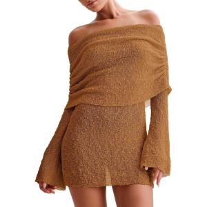 imageImily Bela Womens Beach Swimsuit Cover Ups Summer Off The Shoulder Long Bell Sleeve Sheer Mini DressBrown