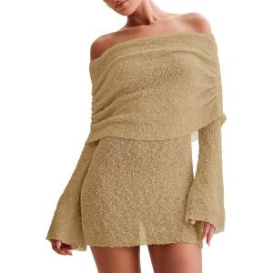 imageImily Bela Womens Beach Swimsuit Cover Ups Summer Off The Shoulder Long Bell Sleeve Sheer Mini DressKhaki
