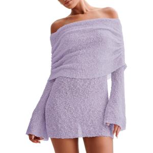 imageImily Bela Womens Beach Swimsuit Cover Ups Summer Off The Shoulder Long Bell Sleeve Sheer Mini DressLavender