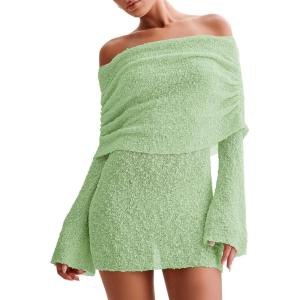 imageImily Bela Womens Beach Swimsuit Cover Ups Summer Off The Shoulder Long Bell Sleeve Sheer Mini DressMint Color