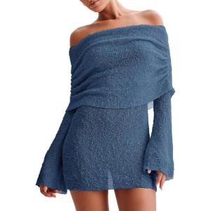 imageImily Bela Womens Beach Swimsuit Cover Ups Summer Off The Shoulder Long Bell Sleeve Sheer Mini DressNavy