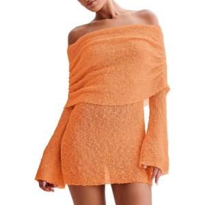 imageImily Bela Womens Beach Swimsuit Cover Ups Summer Off The Shoulder Long Bell Sleeve Sheer Mini DressOrange