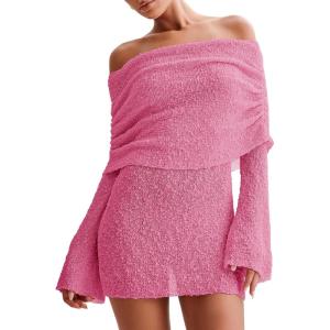 imageImily Bela Womens Beach Swimsuit Cover Ups Summer Off The Shoulder Long Bell Sleeve Sheer Mini DressPink