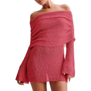 imageImily Bela Womens Beach Swimsuit Cover Ups Summer Off The Shoulder Long Bell Sleeve Sheer Mini DressRed