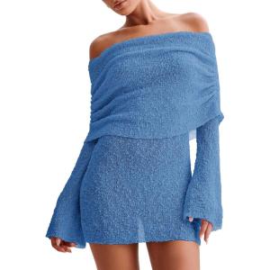 imageImily Bela Womens Beach Swimsuit Cover Ups Summer Off The Shoulder Long Bell Sleeve Sheer Mini DressRoyal Blue