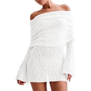 imageImily Bela Womens Beach Swimsuit Cover Ups Summer Off The Shoulder Long Bell Sleeve Sheer Mini DressWhite
