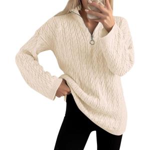 imageImily Bela Womens Cable Knit Half Zip Sweater V Neck Collared Fall Trendy Oversized Long Sleeve Pullover TopsBeige