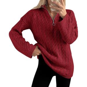imageImily Bela Womens Cable Knit Half Zip Sweater V Neck Collared Fall Trendy Oversized Long Sleeve Pullover TopsBurgundy