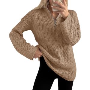 imageImily Bela Womens Cable Knit Half Zip Sweater V Neck Collared Fall Trendy Oversized Long Sleeve Pullover TopsCoffee