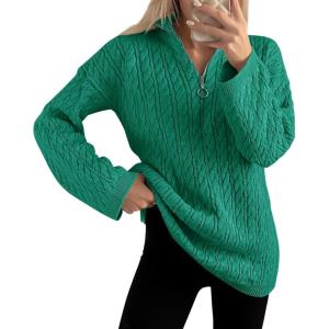 imageImily Bela Womens Cable Knit Half Zip Sweater V Neck Collared Fall Trendy Oversized Long Sleeve Pullover TopsDark Green