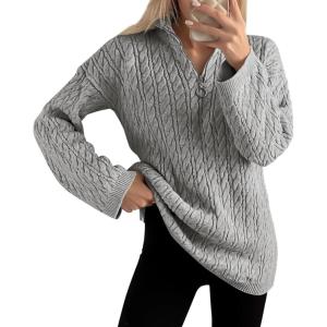 imageImily Bela Womens Cable Knit Half Zip Sweater V Neck Collared Fall Trendy Oversized Long Sleeve Pullover TopsGrey
