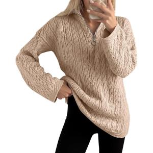 imageImily Bela Womens Cable Knit Half Zip Sweater V Neck Collared Fall Trendy Oversized Long Sleeve Pullover TopsKhaki