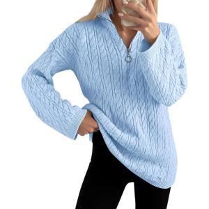 imageImily Bela Womens Cable Knit Half Zip Sweater V Neck Collared Fall Trendy Oversized Long Sleeve Pullover TopsLight Blue