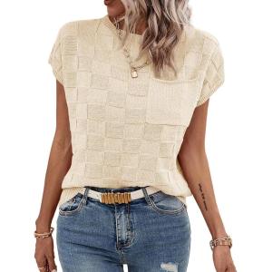 imageImily Bela Womens Cap Sleeve Sweater Sleeveless Crewneck Checkered Casual Loose Fit Knit Shirts Pullover TopsBeige