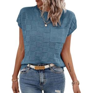 imageImily Bela Womens Cap Sleeve Sweater Sleeveless Crewneck Checkered Casual Loose Fit Knit Shirts Pullover TopsBlue