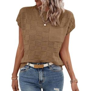 imageImily Bela Womens Cap Sleeve Sweater Sleeveless Crewneck Checkered Casual Loose Fit Knit Shirts Pullover TopsCoffee