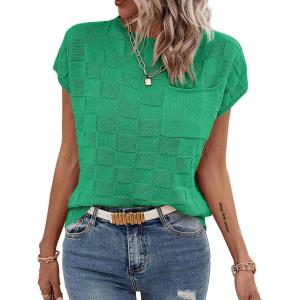 imageImily Bela Womens Cap Sleeve Sweater Sleeveless Crewneck Checkered Casual Loose Fit Knit Shirts Pullover TopsGreen