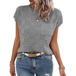 imageImily Bela Womens Cap Sleeve Sweater Sleeveless Crewneck Checkered Casual Loose Fit Knit Shirts Pullover TopsGrey