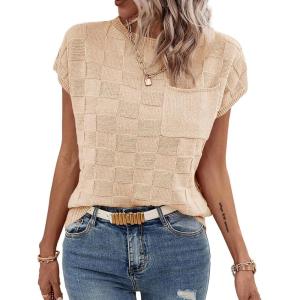 imageImily Bela Womens Cap Sleeve Sweater Sleeveless Crewneck Checkered Casual Loose Fit Knit Shirts Pullover TopsKhaki