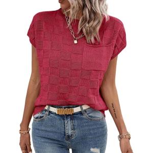 imageImily Bela Womens Cap Sleeve Sweater Sleeveless Crewneck Checkered Casual Loose Fit Knit Shirts Pullover TopsRed