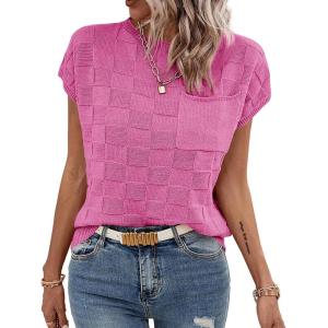 imageImily Bela Womens Cap Sleeve Sweater Sleeveless Crewneck Checkered Casual Loose Fit Knit Shirts Pullover TopsRose Red