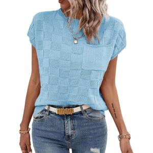 imageImily Bela Womens Cap Sleeve Sweater Sleeveless Crewneck Checkered Casual Loose Fit Knit Shirts Pullover TopsSky Blue