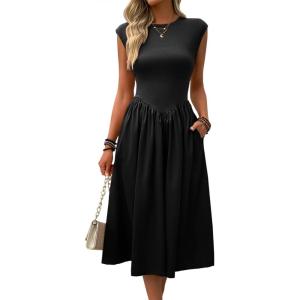 imageImily Bela Womens Casual Cap Sleeve Midi Dress Crewneck Swing Flowy Empire Waist Long Dress 2025 Summer Trendy OutfitsBlack
