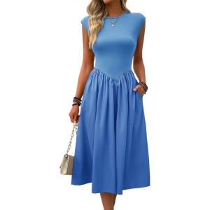 imageImily Bela Womens Casual Cap Sleeve Midi Dress Crewneck Swing Flowy Empire Waist Long Dress 2025 Summer Trendy OutfitsBlue