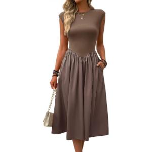 imageImily Bela Womens Casual Cap Sleeve Midi Dress Crewneck Swing Flowy Empire Waist Long Dress 2025 Summer Trendy OutfitsDark Khaki