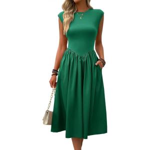 imageImily Bela Womens Casual Cap Sleeve Midi Dress Crewneck Swing Flowy Empire Waist Long Dress 2025 Summer Trendy OutfitsGreen