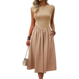 imageImily Bela Womens Casual Cap Sleeve Midi Dress Crewneck Swing Flowy Empire Waist Long Dress 2025 Summer Trendy OutfitsKhaki