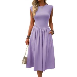 imageImily Bela Womens Casual Cap Sleeve Midi Dress Crewneck Swing Flowy Empire Waist Long Dress 2025 Summer Trendy OutfitsLight Purple