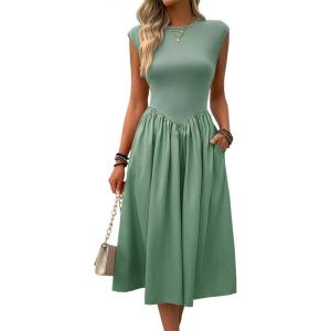 imageImily Bela Womens Casual Cap Sleeve Midi Dress Crewneck Swing Flowy Empire Waist Long Dress 2025 Summer Trendy OutfitsMint