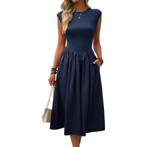 imageImily Bela Womens Casual Cap Sleeve Midi Dress Crewneck Swing Flowy Empire Waist Long Dress 2025 Summer Trendy OutfitsNavy