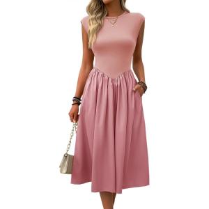 imageImily Bela Womens Casual Cap Sleeve Midi Dress Crewneck Swing Flowy Empire Waist Long Dress 2025 Summer Trendy OutfitsPink