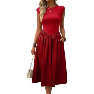 imageImily Bela Womens Casual Cap Sleeve Midi Dress Crewneck Swing Flowy Empire Waist Long Dress 2025 Summer Trendy OutfitsWine Red