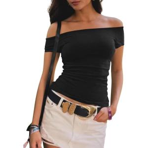imageImily Bela Womens Off The Shoulder Tops Short Sleeve Top Quick Dry T Shirts Trendy Y2k Going Out Crop Tops Slim Fit 2025Black